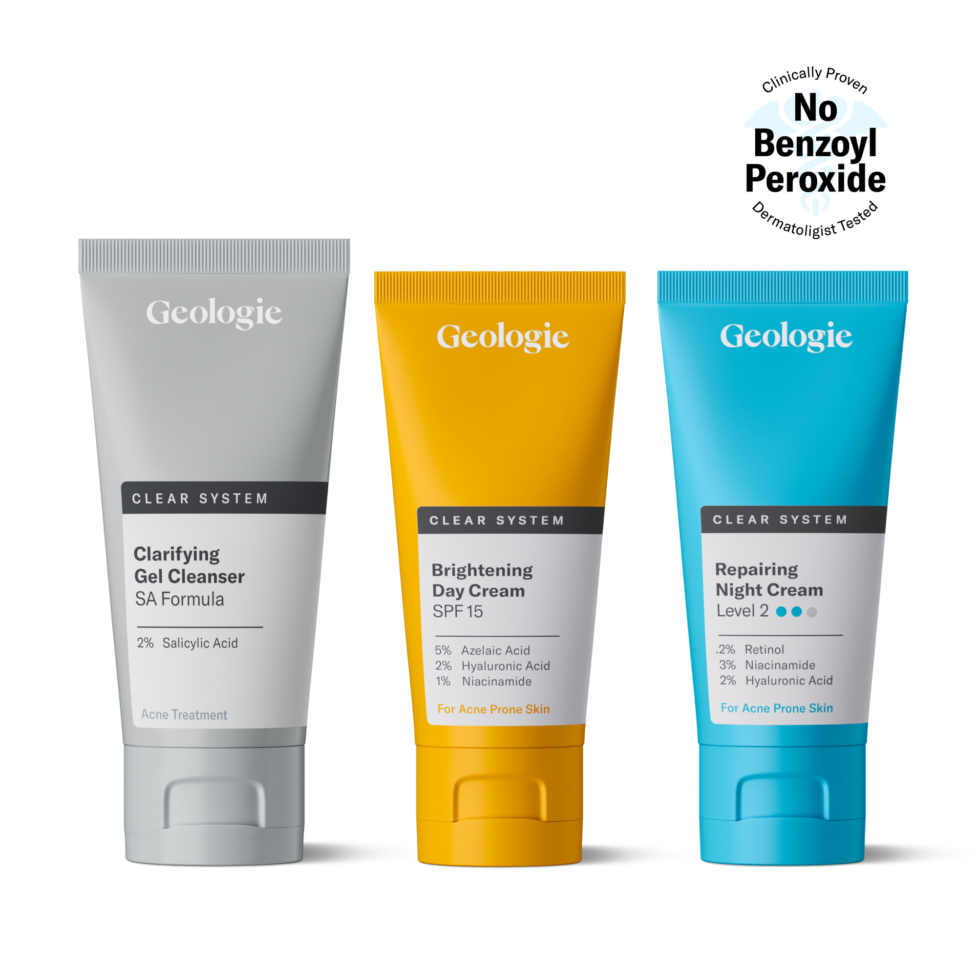 Three Clear System skincare products by Geologie, including an acne treatment gel, a brightening day cream with SPF15, and a repairing night cream, all containing salicylic acid. Please note the downgrade product regarding
