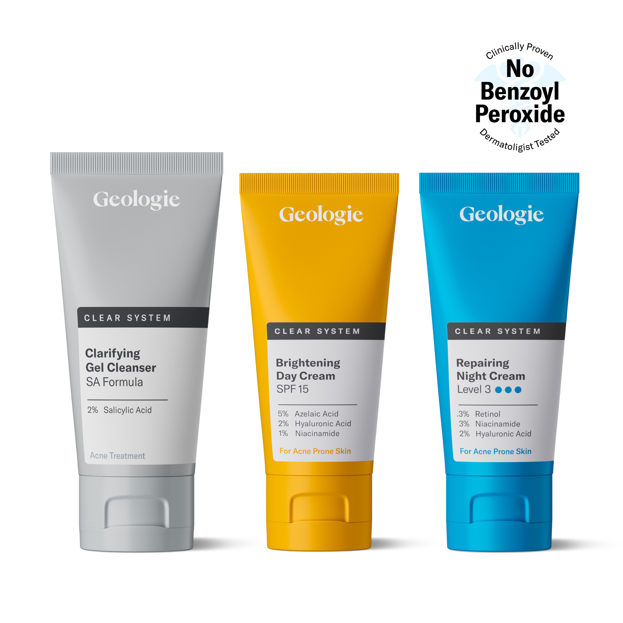 Three skincare products from the Clear System line by Geologie, including a clarifying sa formula gel, SPF15 brightening day cream, and replenishing level 3 night cream – all claiming to be